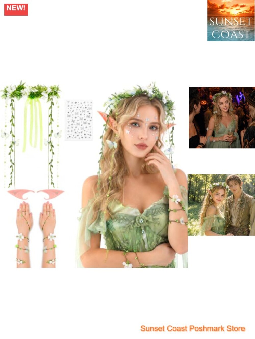 Fairy Crown Set with Arm Wraps Elf Ears Floral Renaissance Costume Accessory